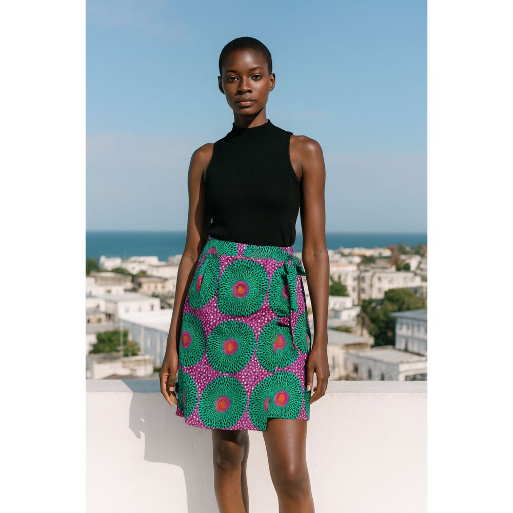 DOREEN MASHIKA Zanibar Green Pink Tie Belt Tribal Mini Skirt   Women's Size 2